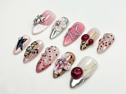Cherry Bomb Glam Press On Nails | Rhinestone Star Nail Art | Pink & Leopard 3D Nails | Girly Edgy Press Ons | Mixed Pattern Nails | JC850HC
