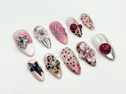 Cherry Bomb Glam Press On Nails | Rhinestone Star Nail Art | Pink & Leopard 3D Nails | Girly Edgy Press Ons | Mixed Pattern Nails | JC850HC