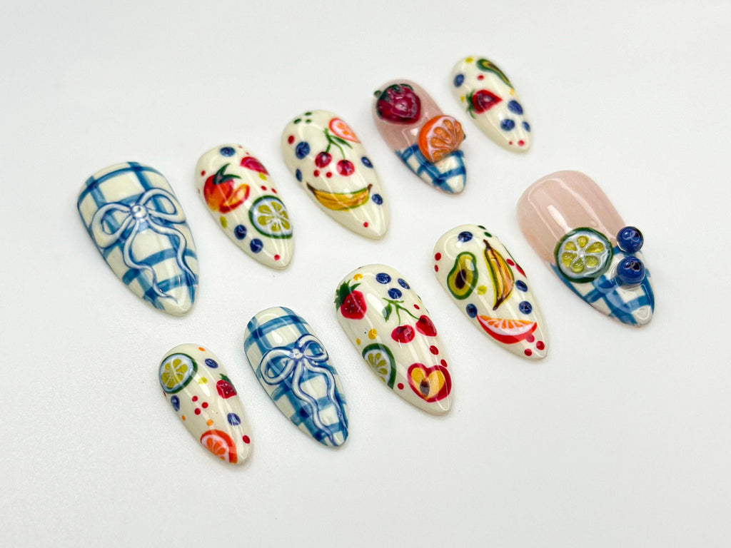 Fruit Picnic Press On Nails | Hand-Painted Fruit Nail Art | Summer Citrus Nail Design | Plaid Bow Cute Press Ons | Colorful Nails | JB853HC