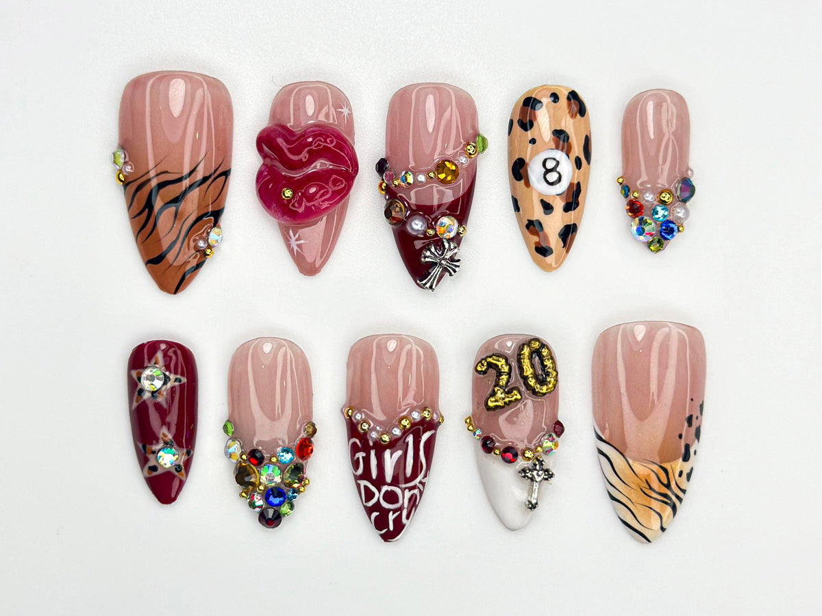 Bold Babe Press On Nails | 3D Lips & Leopard Print Nail Art | Rhinestone Attitude Nails | Cross Charm Nail | Girls Don’t Cry Nails | JB854HK