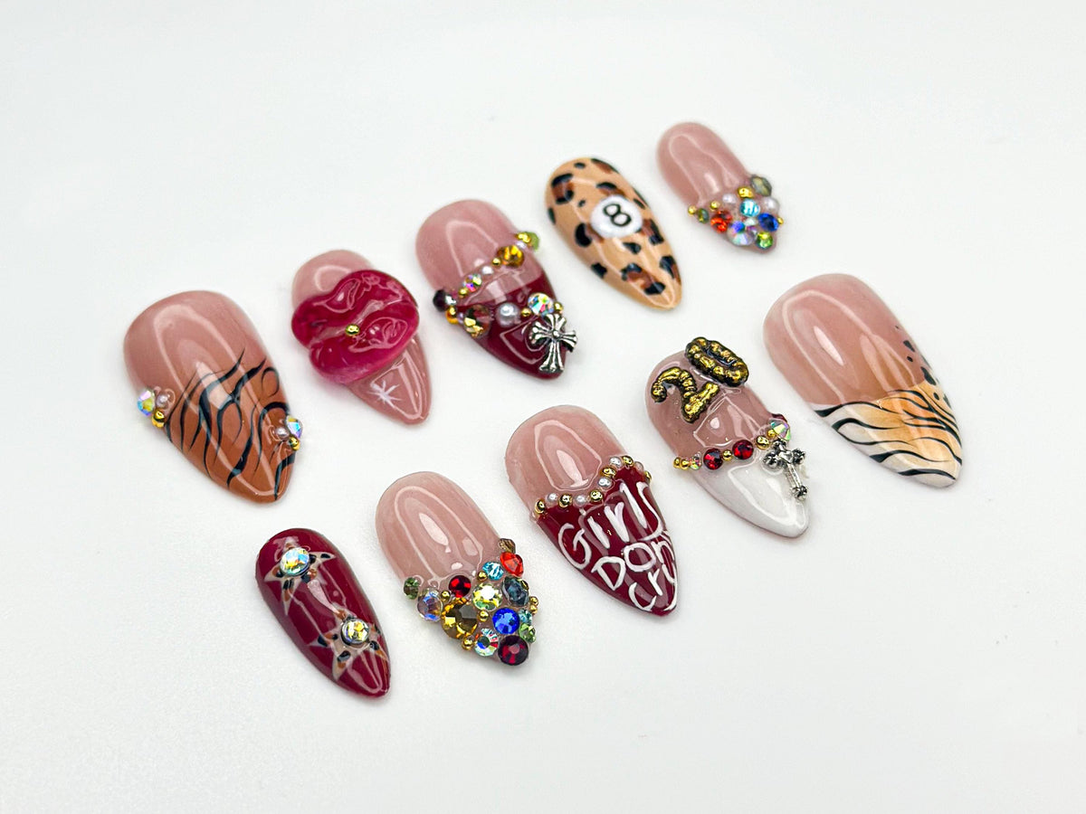 Bold Babe Press On Nails | 3D Lips & Leopard Print Nail Art | Rhinestone Attitude Nails | Cross Charm Nail | Girls Don’t Cry Nails | JB854HK