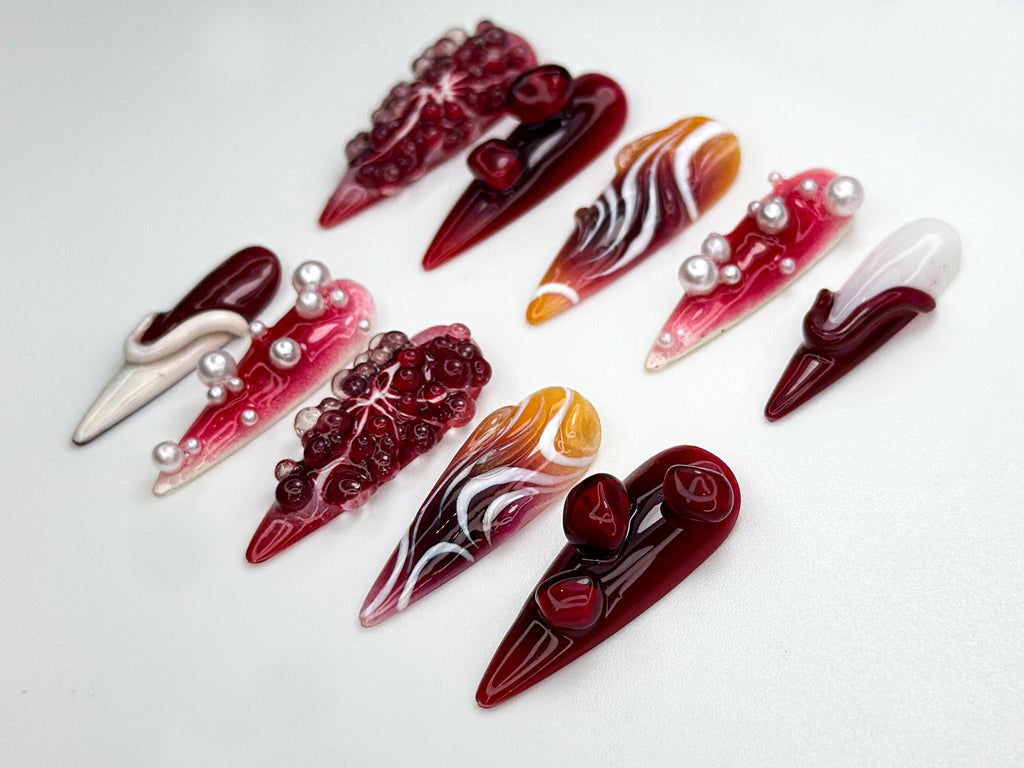 Pomegranate Lava Press On Nails | Deep Red Chrome Fruit Nails | 3D Pearl Fire Nail Art | Garnet Gradient Press Ons | Artistic Red | JB858HK