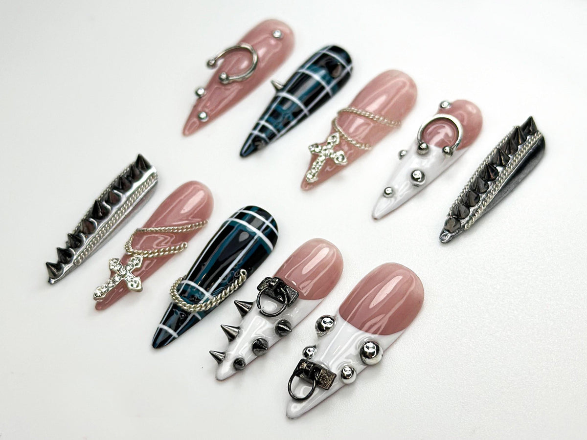 Punk Cross Chain Press On Nails | Gothic Plaid Nail Art | Spiked Pierced Punk Nails | Black White Silver Press Ons | Edgy Nail Set | JC864HK