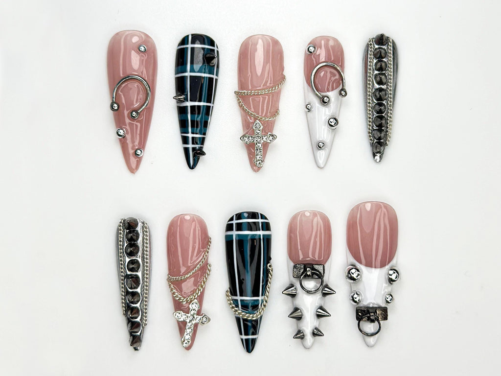 Punk Cross Chain Press On Nails | Gothic Plaid Nail Art | Spiked Pierced Punk Nails | Black White Silver Press Ons | Edgy Nail Set | JC864HK