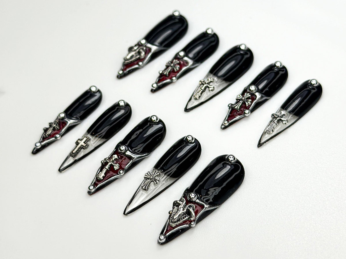 Gothic Cross Tip Press On Nails | Vampire Red & Black Nails | Gothic Triangle Accent Nails | Religious Symbol Nails | Dark Glam Nail|JC865HK