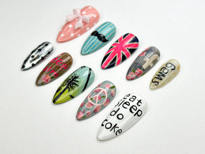 2000s Pop Style Press On Nails | Retro British Pop Nails | Peace Sign & Graffiti Art | Statement Aesthetic Nail | Cool Girl Style | JB892HK