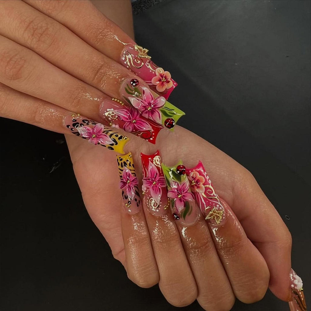 Tropical Floral Press On Nails | 3D Tropical Flowers Nail Art  | Vibrant Ladybug Design Fake Nails | Bold Tropical Kawaii Nails | JB893HC