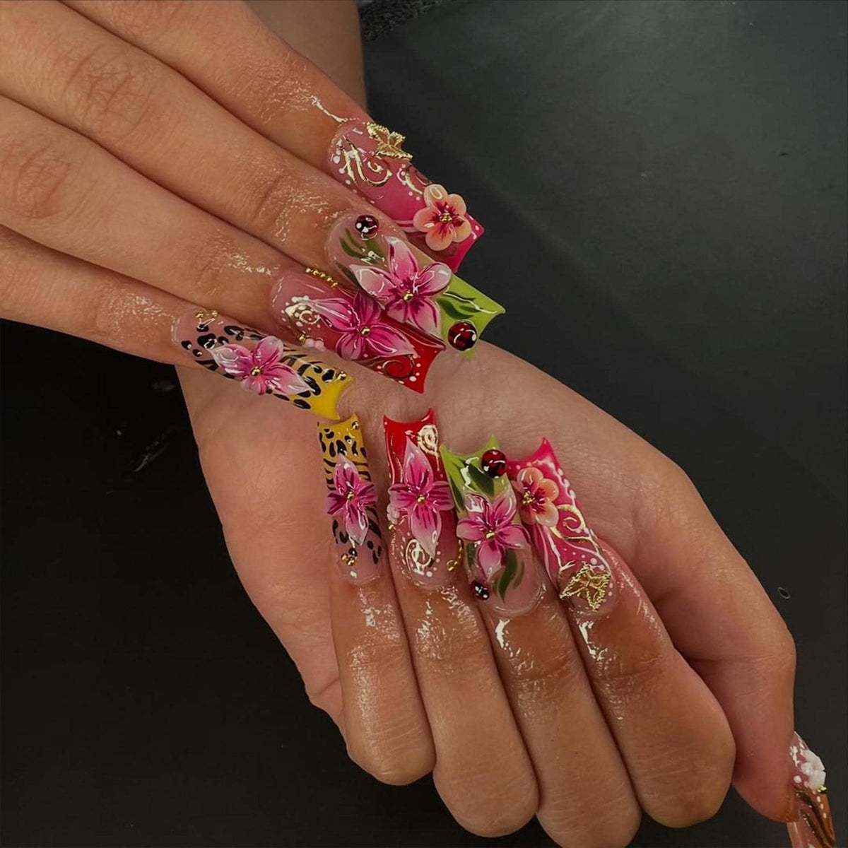 Tropical Floral Press On Nails | 3D Tropical Flowers Nail Art  | Vibrant Ladybug Design Fake Nails | Bold Tropical Kawaii Nails | JB893HC