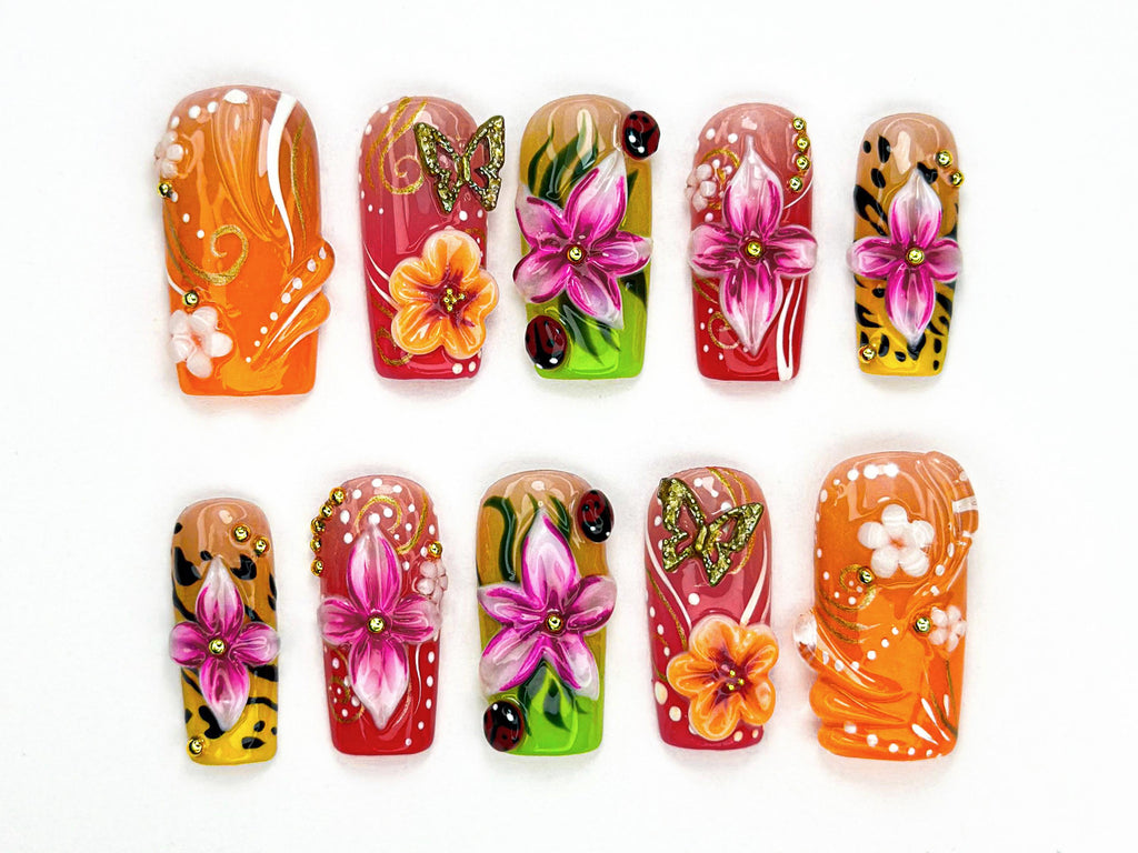Tropical Floral Press On Nails | 3D Tropical Flowers Nail Art  | Vibrant Ladybug Design Fake Nails | Bold Tropical Kawaii Nails | JB893HC