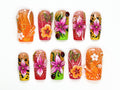 Tropical Floral Press On Nails | 3D Tropical Flowers Nail Art  | Vibrant Ladybug Design Fake Nails | Bold Tropical Kawaii Nails | JB893HC