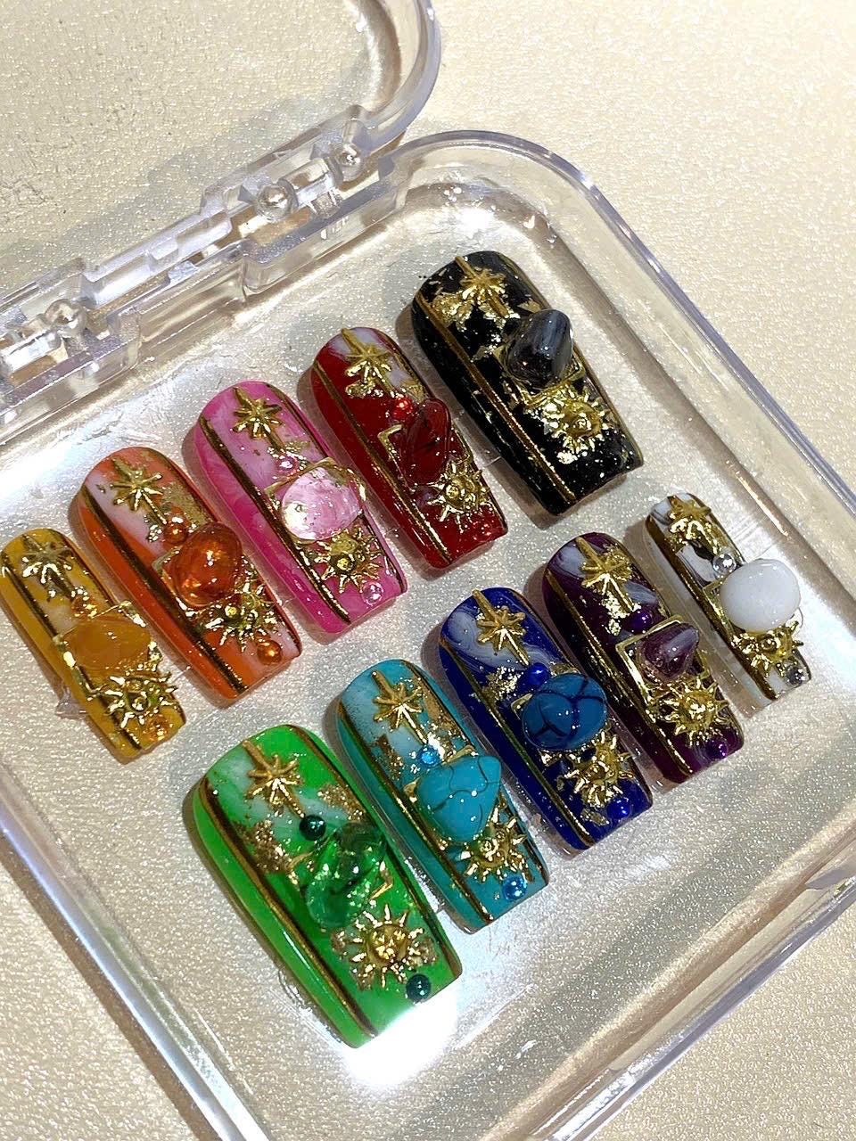Celestial Gemstone Press On Nails: Handmade Astrology Nail Art with Stars & Crystals