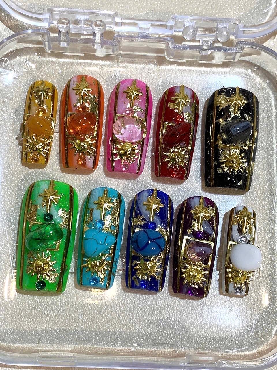 Celestial Gemstone Press On Nails: Handmade Astrology Nail Art with Stars & Crystals