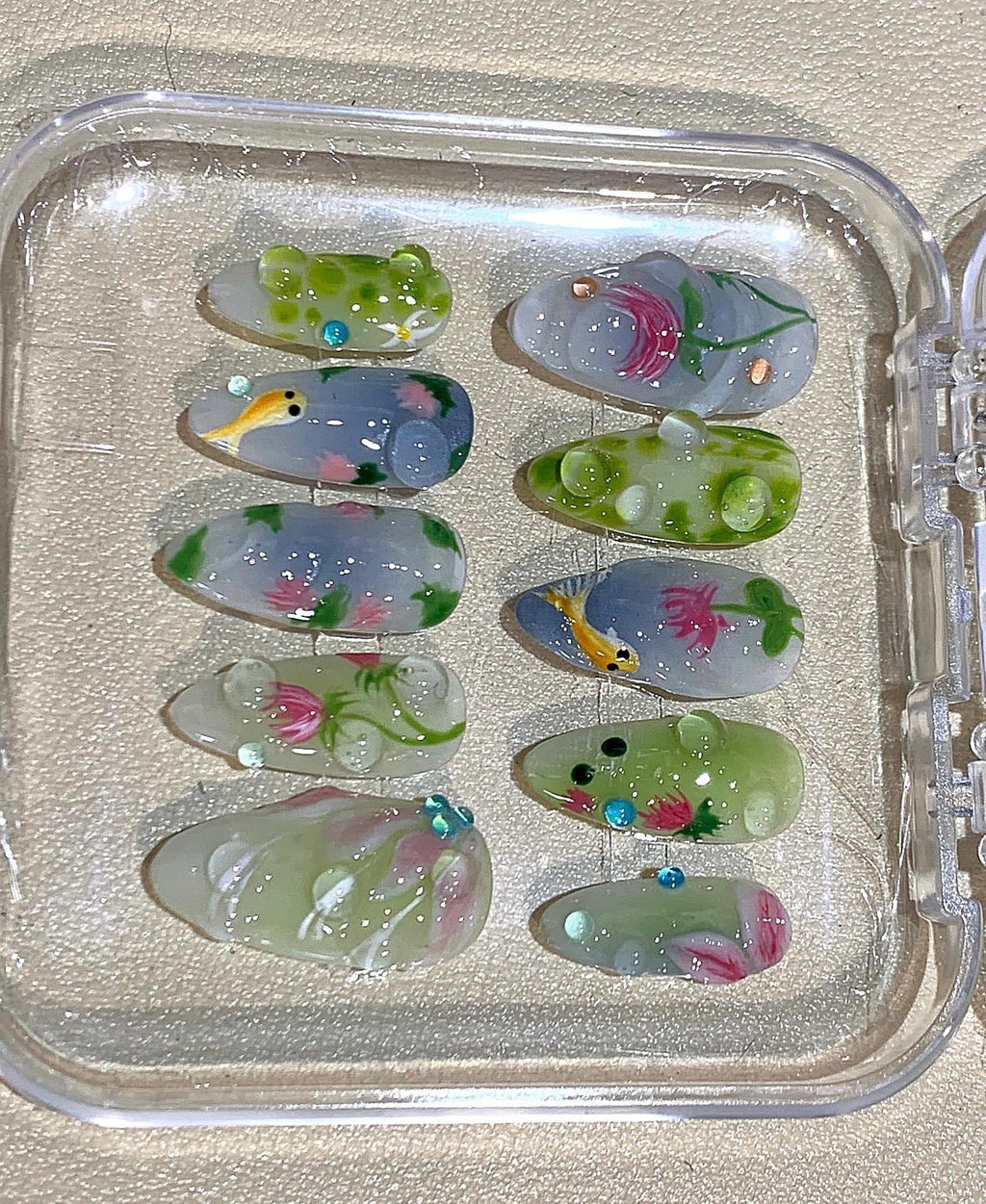 Hand-Painted Koi Pond Press On Nails: 3D Water Bubble Nail Art