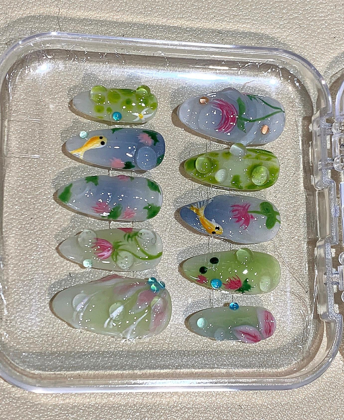 Hand-Painted Koi Pond Press On Nails: 3D Water Bubble Nail Art