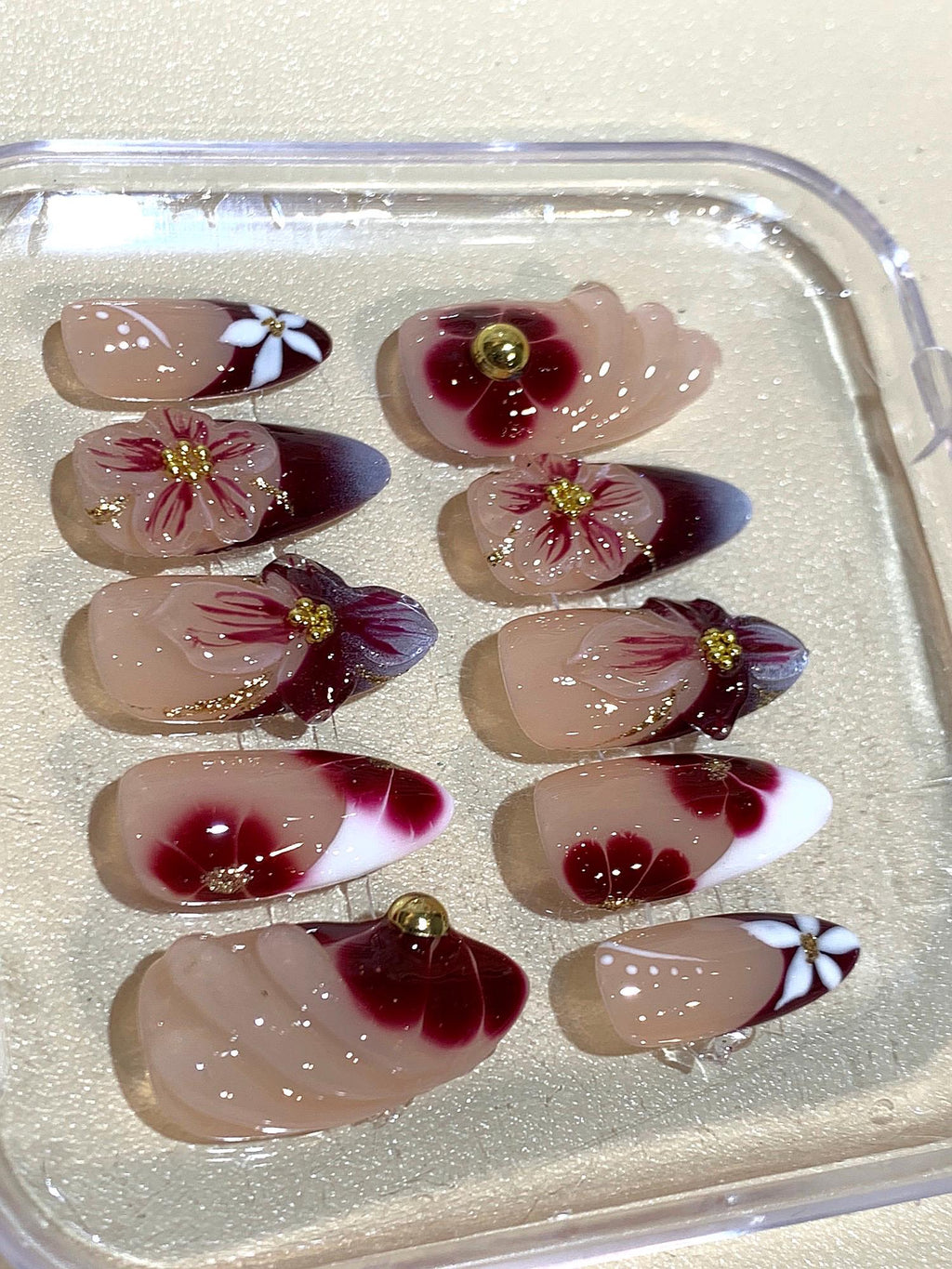 Wine Red Floral Press On Nails | Nude, Gold Rhinestone Nail Art