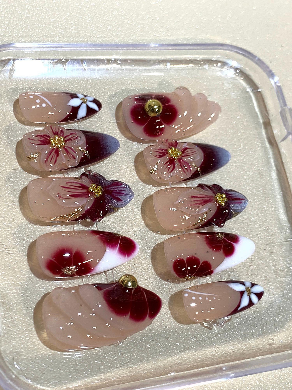 Wine Red Floral Press On Nails | Nude, Gold Rhinestone Nail Art