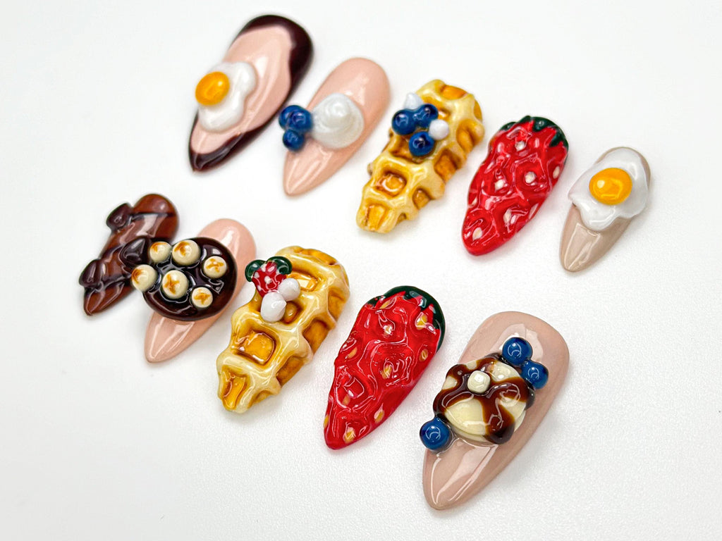 3D Kawaii Breakfast  Press On Nails | 3D Foodie Nail Art | Waffle, Strawberry & Egg Nails | Kawaii Brunch Nails | Cute Food Theme | JB897HC