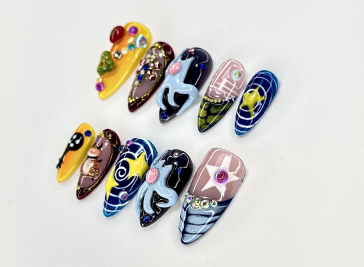 3D Cartoon Press On Nails | Y2K Inspired Nail Art | Cute Cat & Star Design | Handmade Colorful Nails | JB900EC
