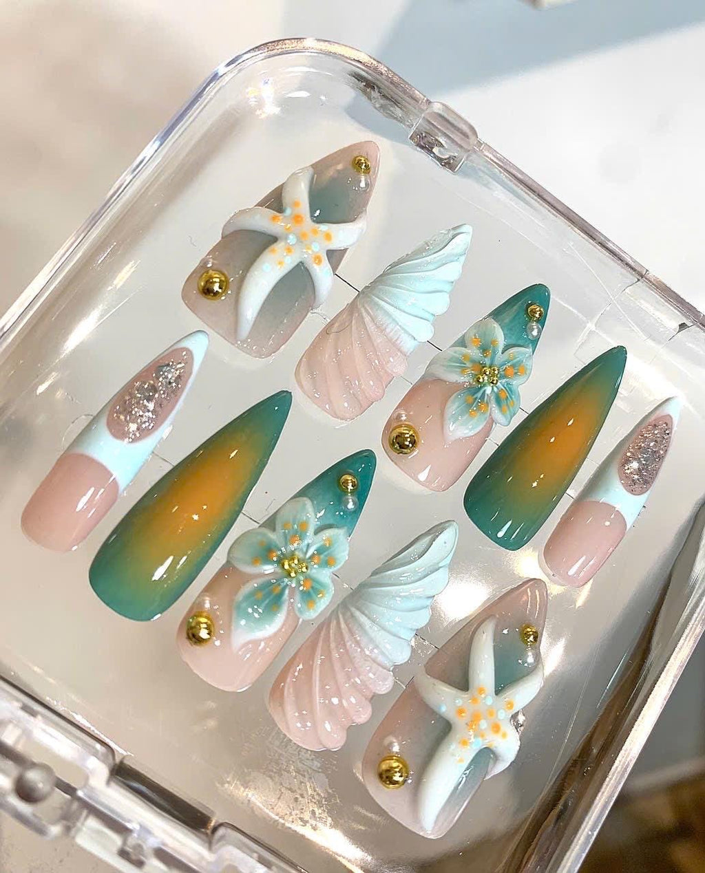 3D Seashell Press On Nails: Beach Ocean Long Coffin Handmade