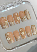 Floral Press On Nails | Nude, Gold Glitter, 3D Flower | Handmade