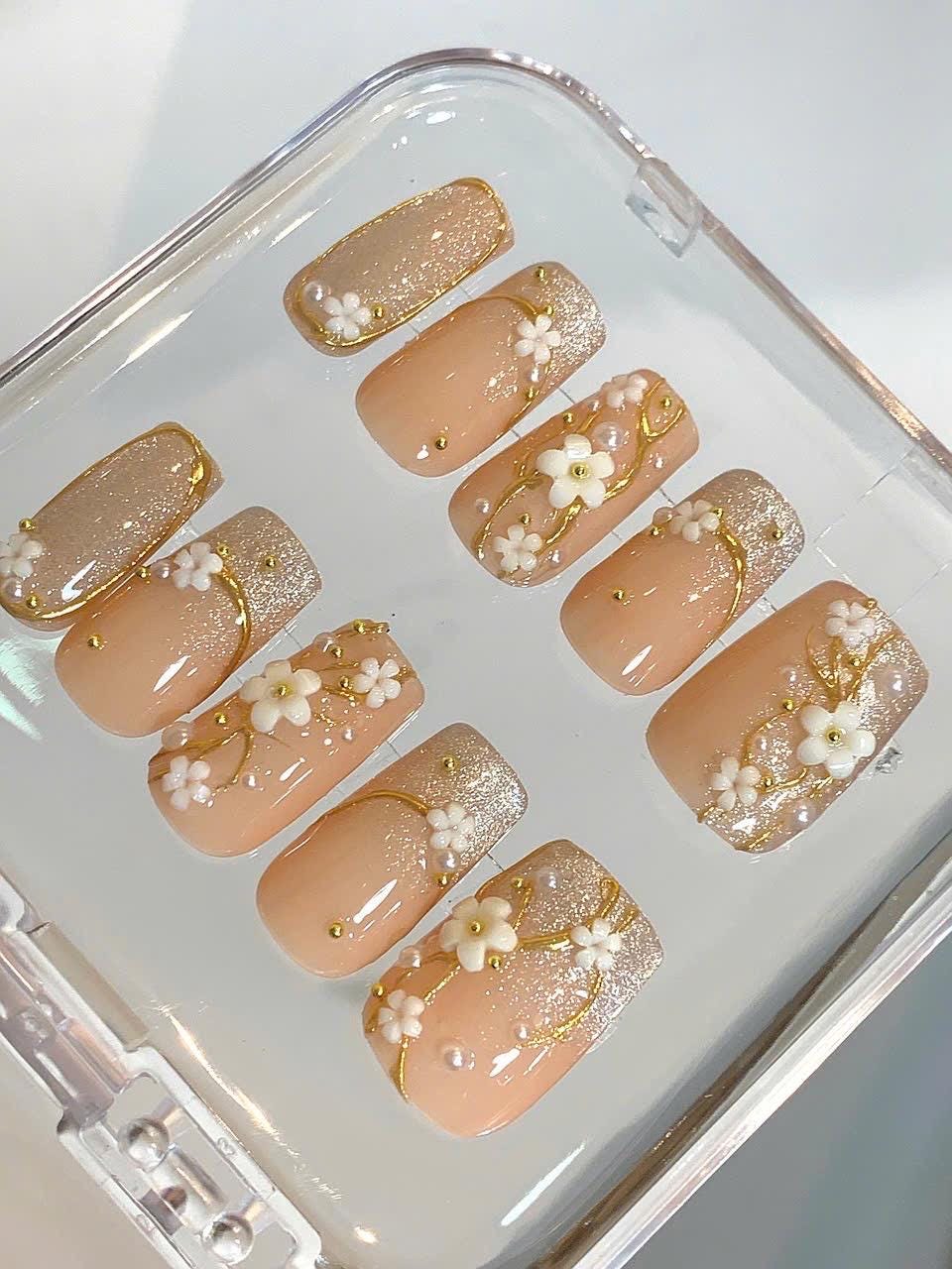 Floral Press On Nails | Nude, Gold Glitter, 3D Flower | Handmade