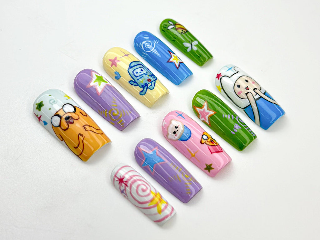 Adventure Time Press On Nails | Cute Cartoon Nail Art | Hand-Painted Custom Nails | Whimsical Character Nails | Funky Press On Set | JB867HC