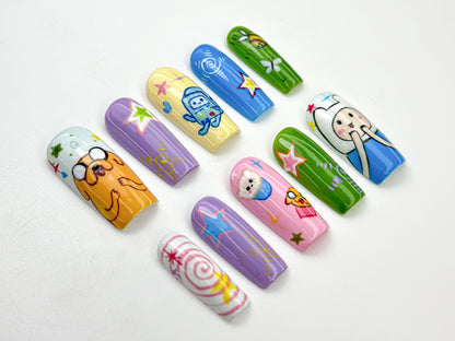 Adventure Time Press On Nails | Cute Cartoon Nail Art | Hand-Painted Custom Nails | Whimsical Character Nails | Funky Press On Set | JB867HC