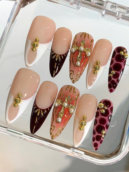 Baroque Burgundy Stiletto Press On Nails: Pearl Cross & Gold Accents