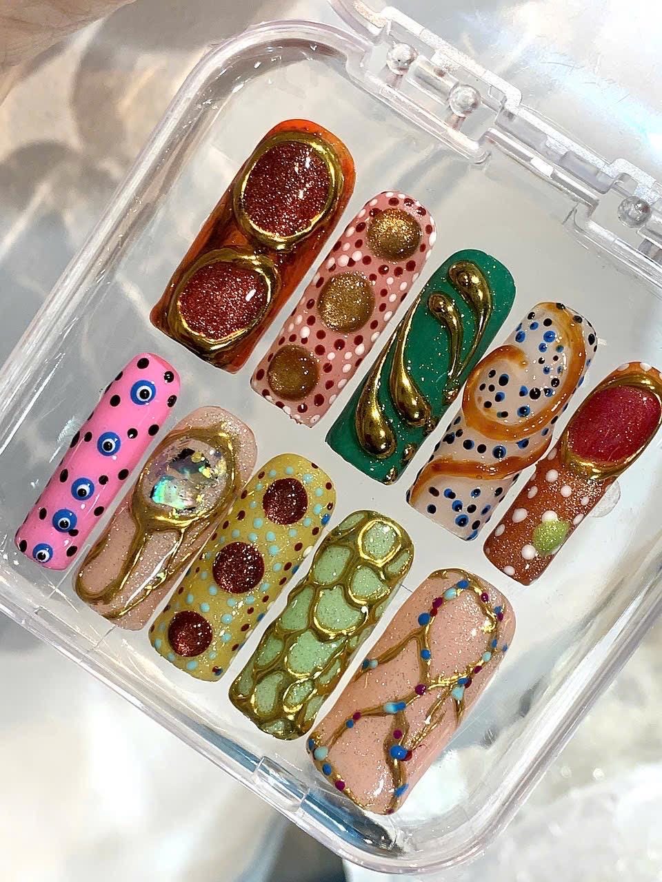 Abstract 3D Press On Nails: Handmade Artistic Festival Nail Art