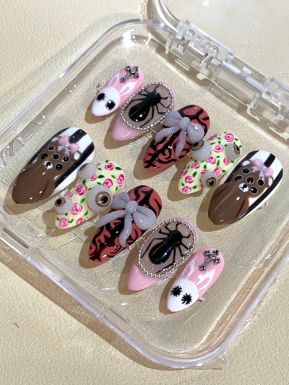 Horror Press On Nails, Halloween False Nails, Spider, Bunny, Bear, Eyeball, Bow