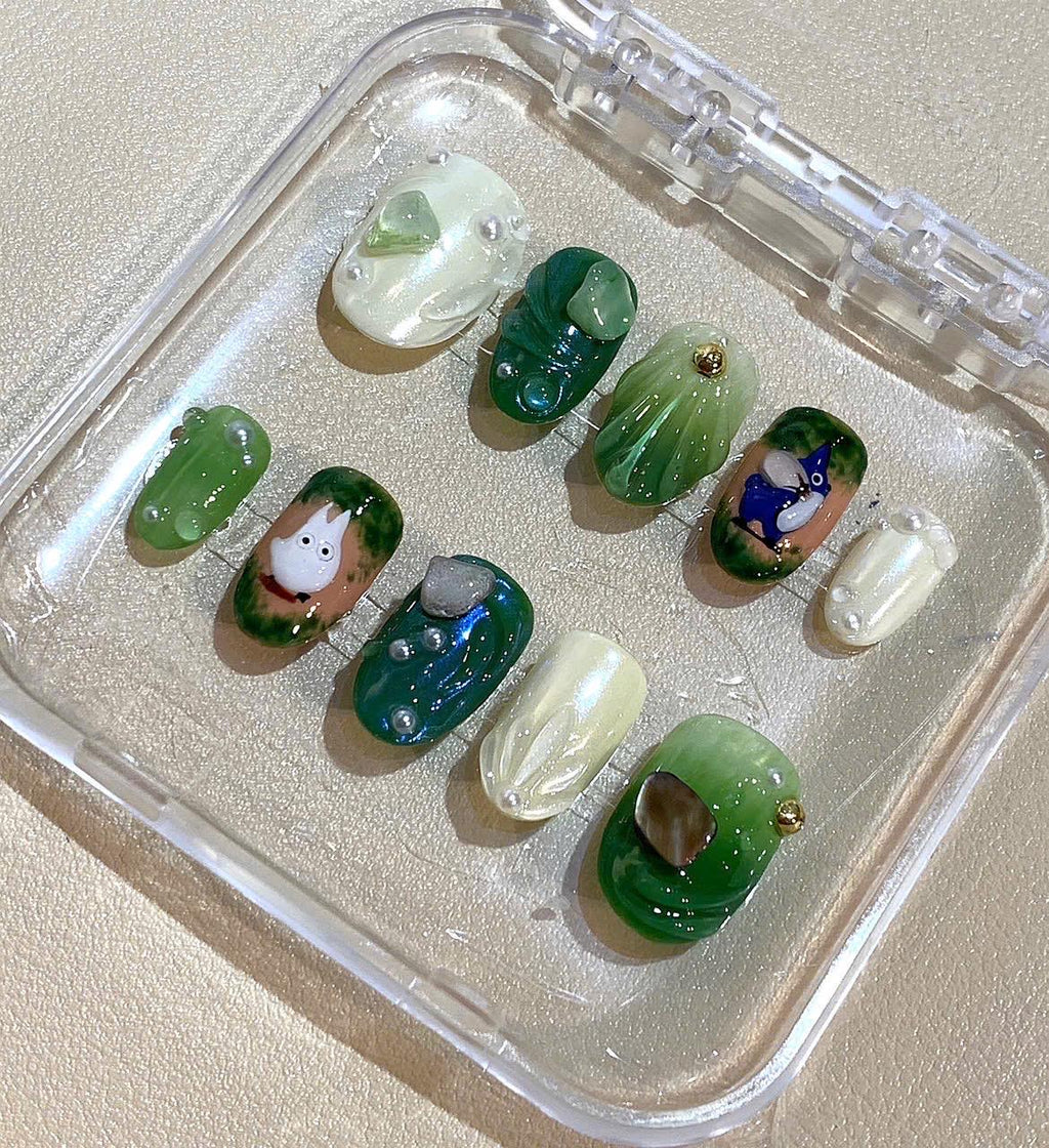 Totoro Forest Press On Nails – Studio Ghibli Inspired Handmade Green Jelly Nail Art Set