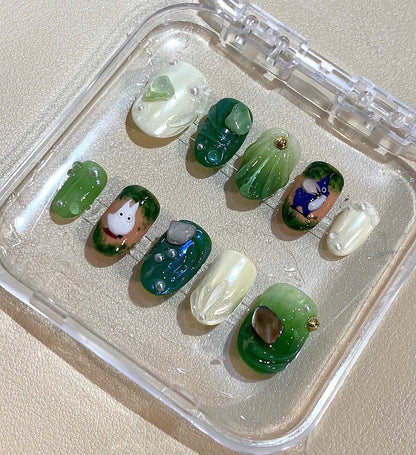 Totoro Forest Press On Nails – Studio Ghibli Inspired Handmade Green Jelly Nail Art Set