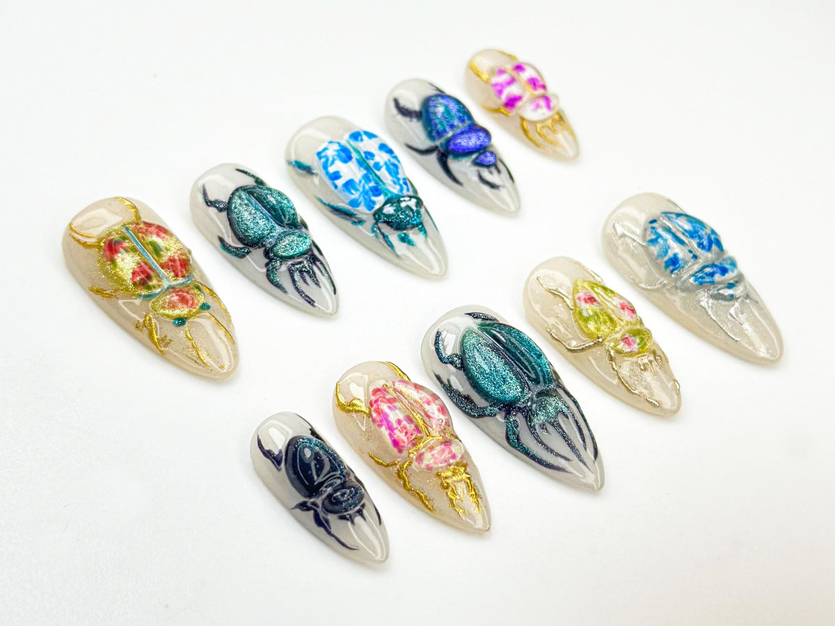 3D Beetle Press On Nails | Insect Art Nail Design | Vintage Bug Aesthetic Nails | Handmade Ceramic-Inspired Nail Set | Scarab Nails |JB875HC