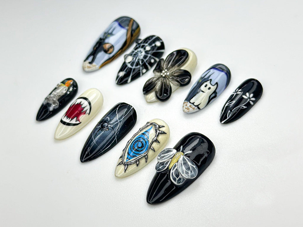 Creepy Cute Press On Nails | Black Cat, Ghost & Evil Eye Design | Creepy Cute Nail Art | Witchy Horror Nail Set | Gothic Nails | JB879HC