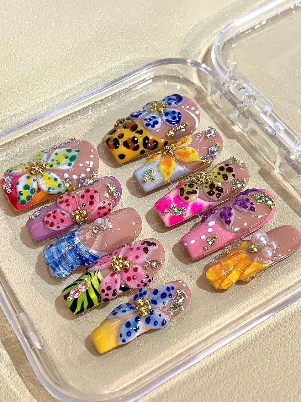 3D Flower Press On Nails: Wild Floral Leopard Print, Handmade