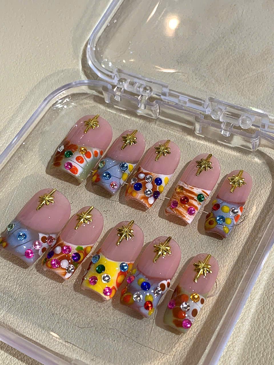 Rhinestone Press On Nails: 3D Star Charm Glitter Confetti Jelly Nails