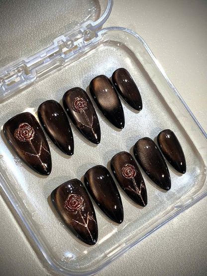 Black Rose Press On Nails: Gothic Cat Eye Magnetic Effect, Handmade