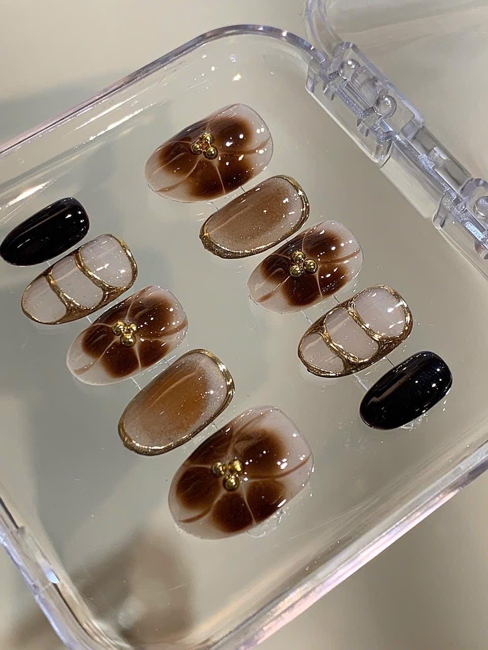 Brown Marble Press On Nails: Gold Flower Design, Reusable Coffin Nails