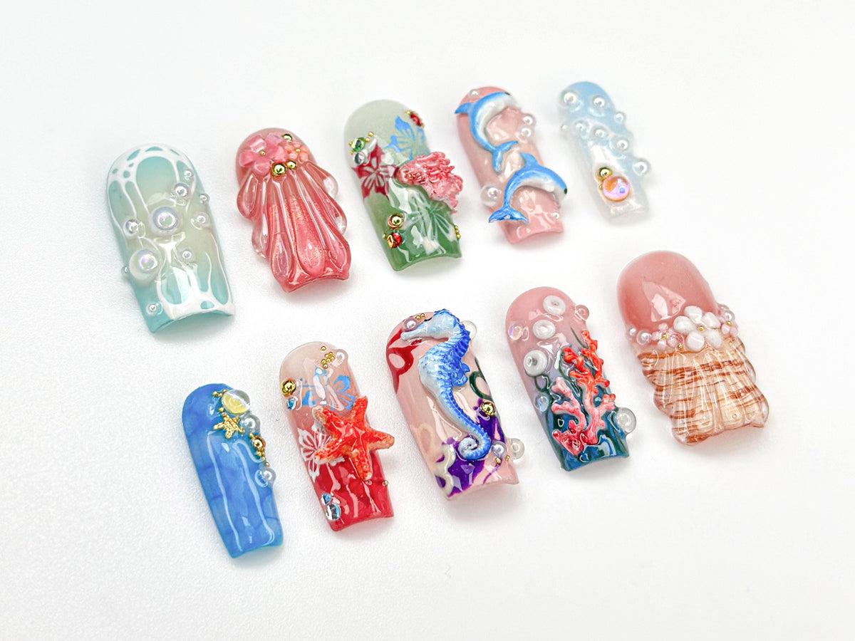 Summer Press On Nails with 3D Seashells and Pearls | Mermaid Dolphin Coral Shell Design | Summer Beach Vibe Nails | Sea Life Nails | JB923HC