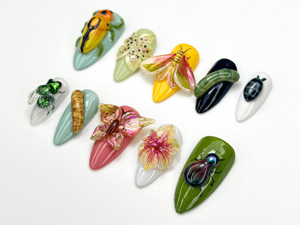 Bug Garden Summer Press On Nails | 3D Insect Nail Art | Butterfly & Beetle Nails | Nature Inspired Nails | Handmade Spring Nails | JB927HK