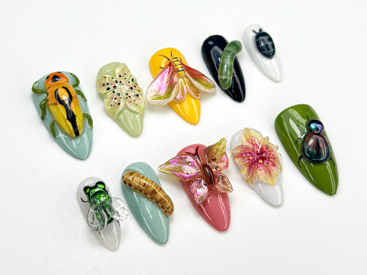 Bug Garden Summer Press On Nails | 3D Insect Nail Art | Butterfly & Beetle Nails | Nature Inspired Nails | Handmade Spring Nails | JB927HK