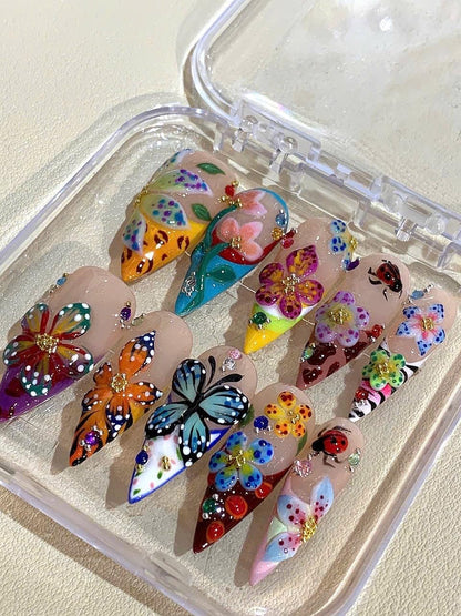 Flower Butterfly Press On Nails: 3D Floral Garden Nail Art