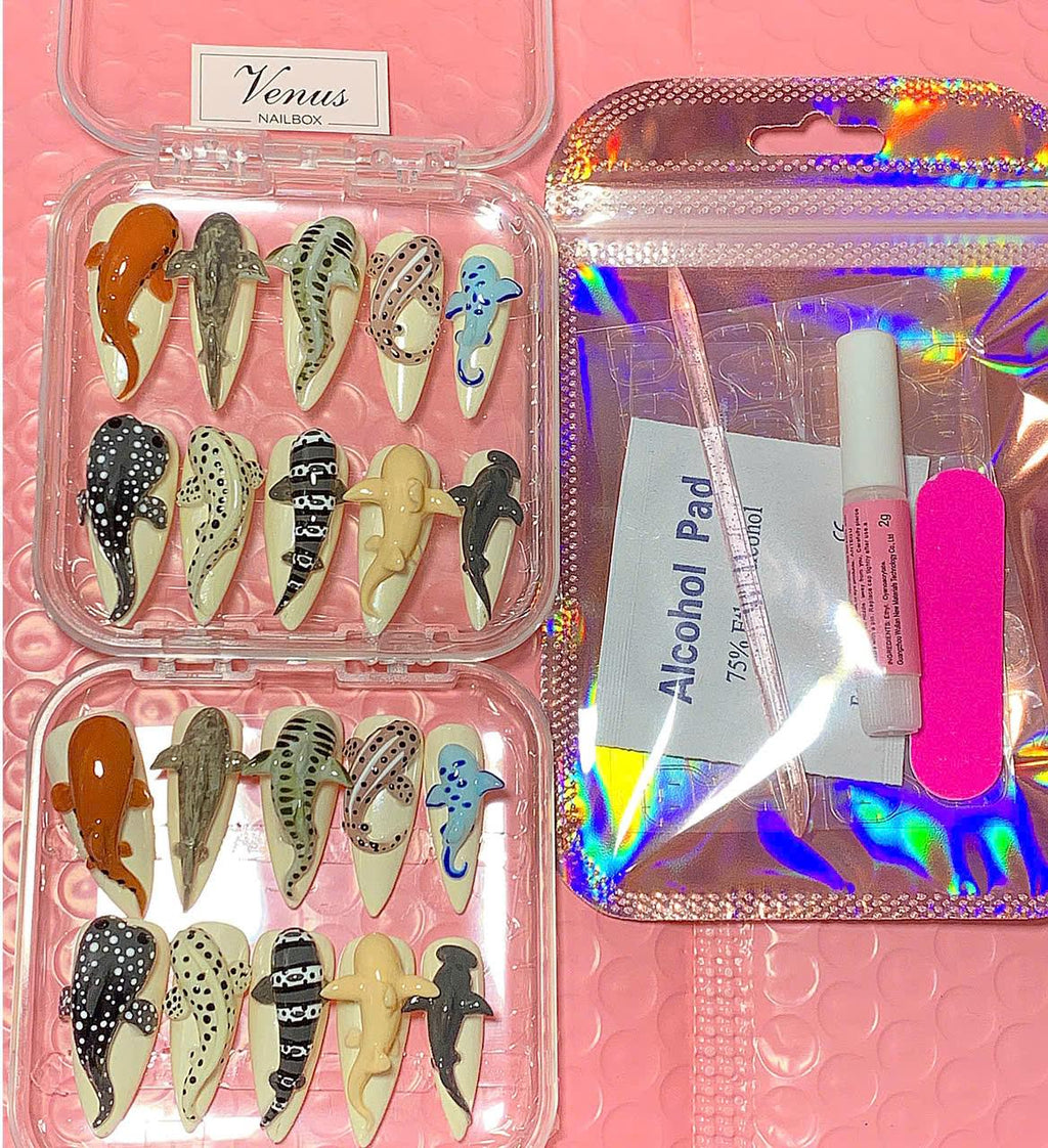 3D Ocean Animal Press On Nails: Handmade Kawaii Sea Creature Nail Art