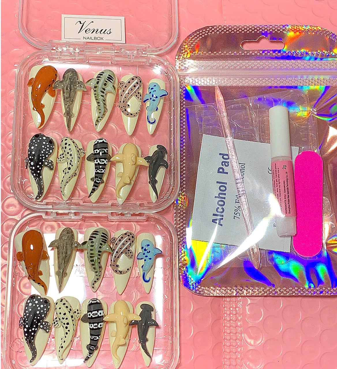 3D Ocean Animal Press On Nails: Handmade Kawaii Sea Creature Nail Art