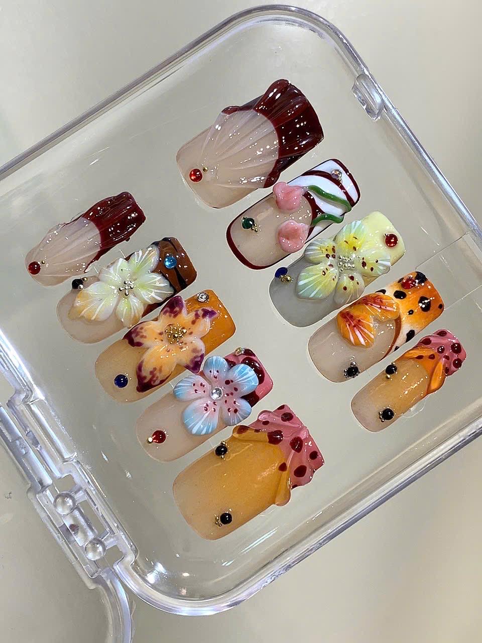 3D Flower Press On Nails: Handmade Rhinestone Floral Nail Art Set