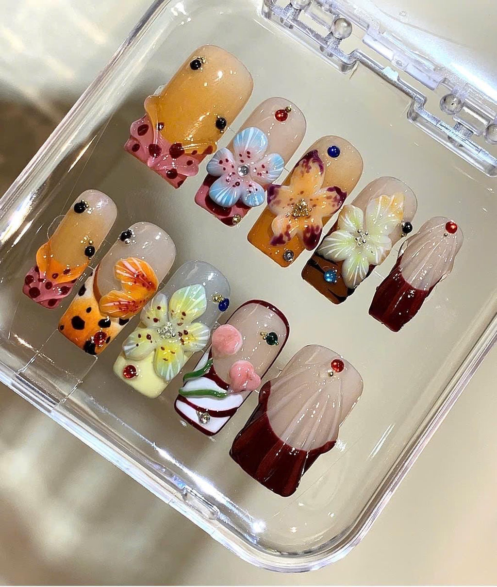 3D Flower Press On Nails: Handmade Rhinestone Floral Nail Art Set