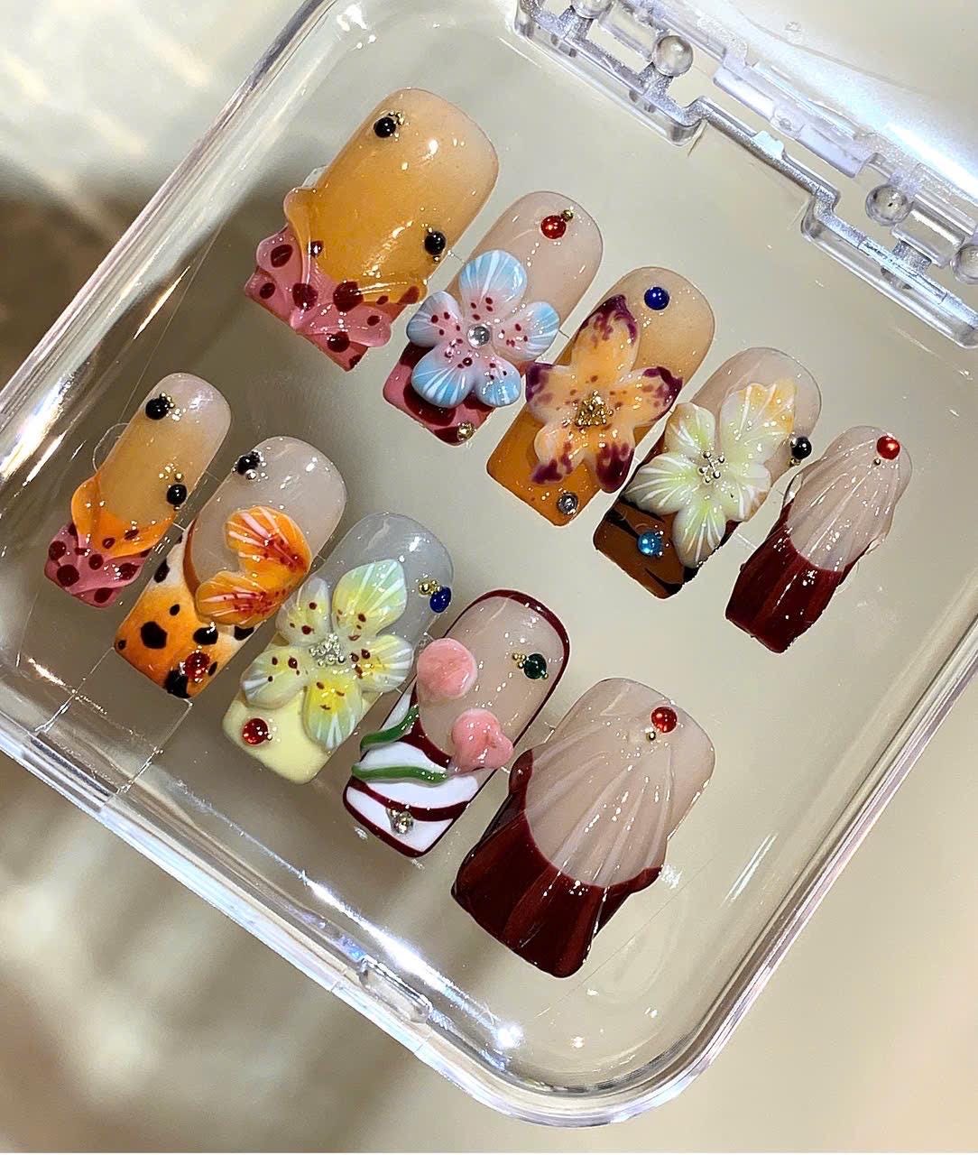 3D Flower Press On Nails: Handmade Rhinestone Floral Nail Art Set