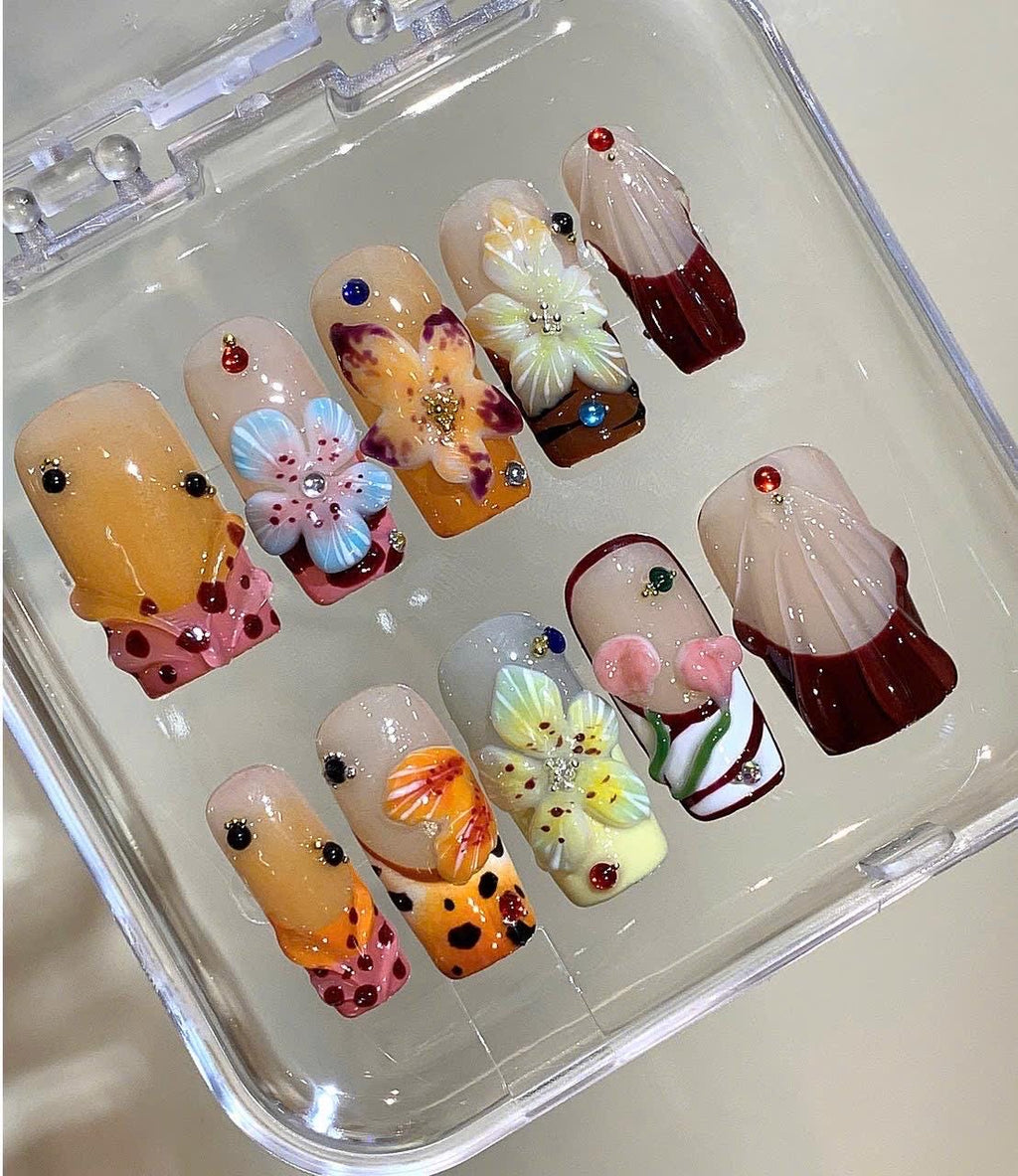 3D Flower Press On Nails: Handmade Rhinestone Floral Nail Art Set