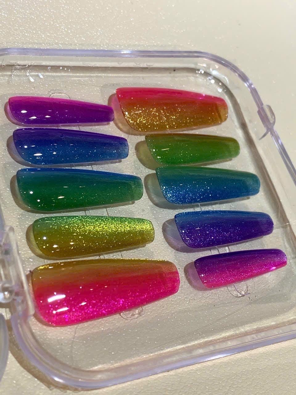 Rainbow Glitter Ombre Press On Nails: Handmade Festival Fake Nail Set