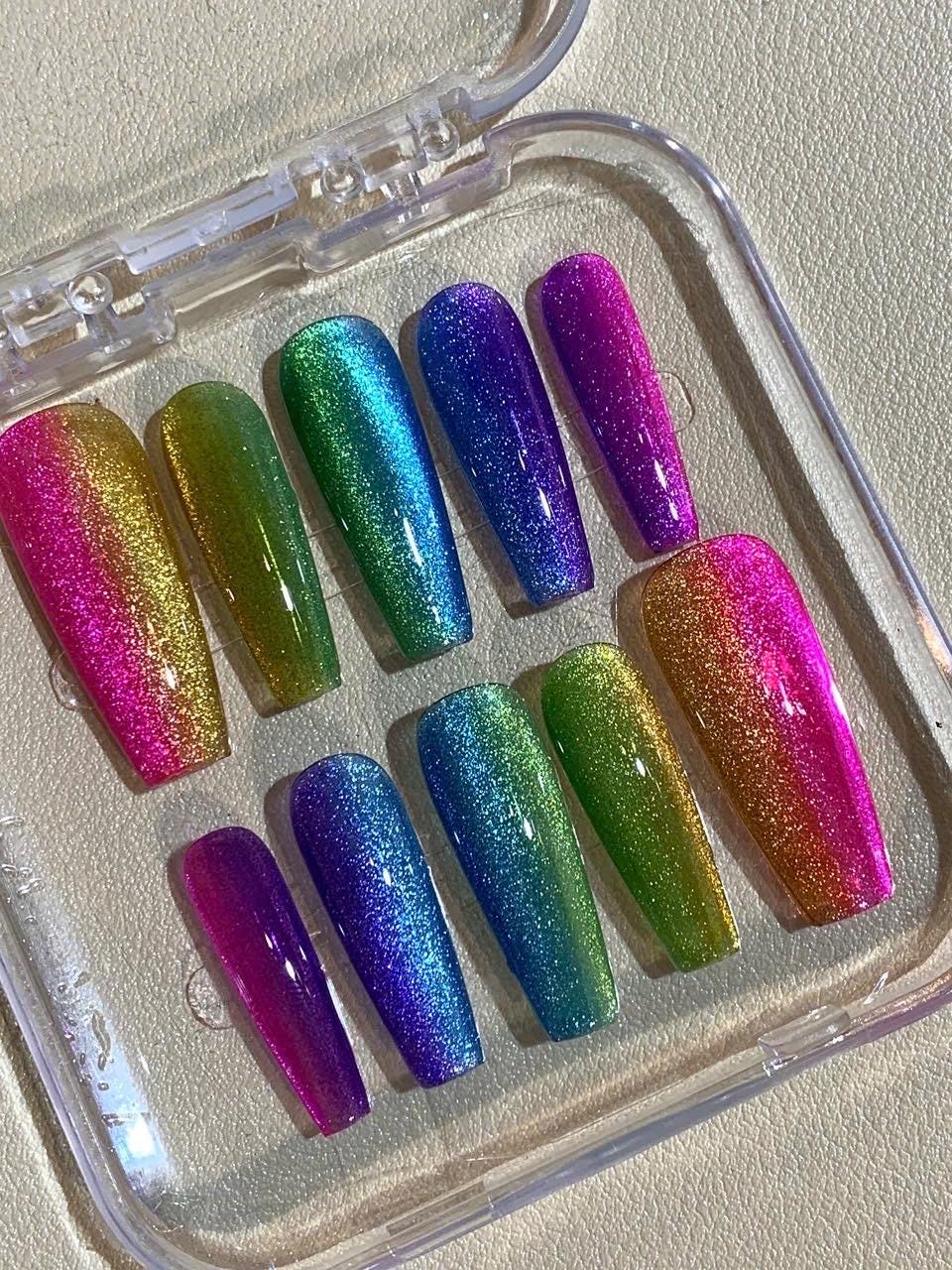 Rainbow Glitter Ombre Press On Nails: Handmade Festival Fake Nail Set